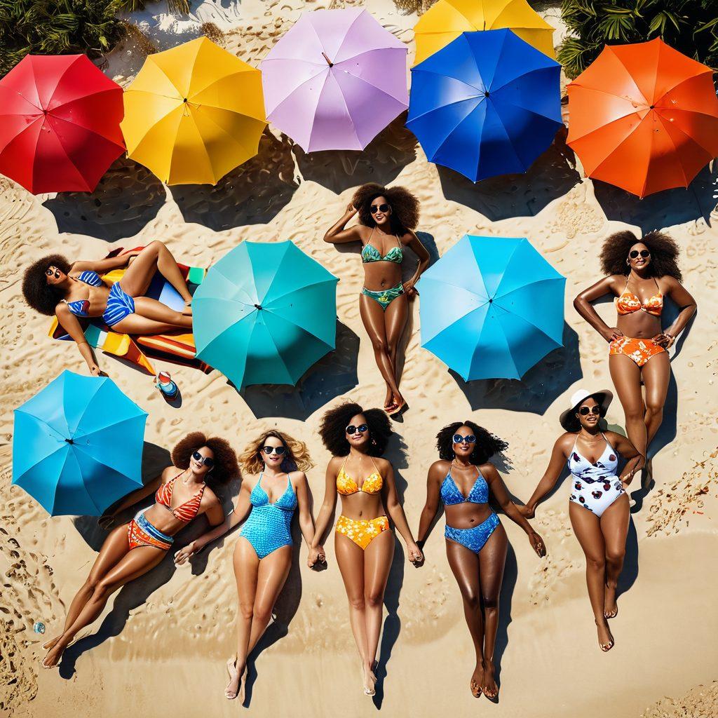 A diverse group of confident individuals of various body types joyfully wearing trendy swimwear, lounging by a picturesque beach with colorful umbrellas and clear blue water. The scene showcases vibrant summer fashion, inclusive empowerment, and a festive atmosphere, highlighting community and acceptance. Bright sunlight sparkles on the water, creating a warm and inviting mood. vintage beach style. vibrant colors. super-realistic.