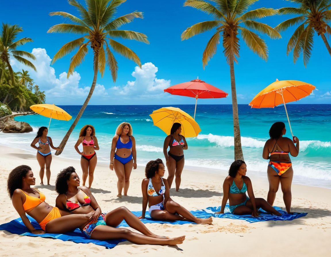 A vibrant beach scene depicting diverse individuals confidently wearing body positive swimwear, joyfully playing and lounging by the shoreline. Waves crashing in the background, with colorful beach umbrellas and palm trees enhancing the tropical atmosphere. The sky is bright blue with fluffy white clouds, showcasing a sense of freedom and acceptance. Elements of advocacy, like banners and hashtags about body positivity subtly integrated into the scene. super-realistic. vibrant colors. summer vibes.